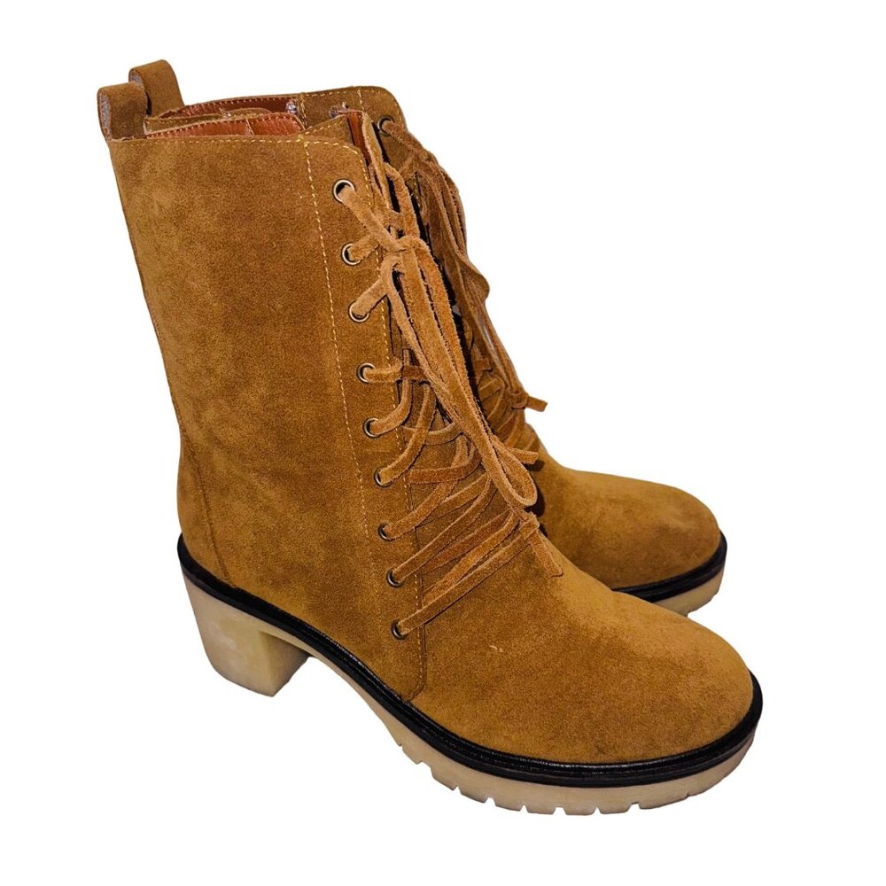 Mum Camel Suede Lace-Up Mid-Calf Boots Chunky Platform Heel Boho Retro 70s Y2K 7